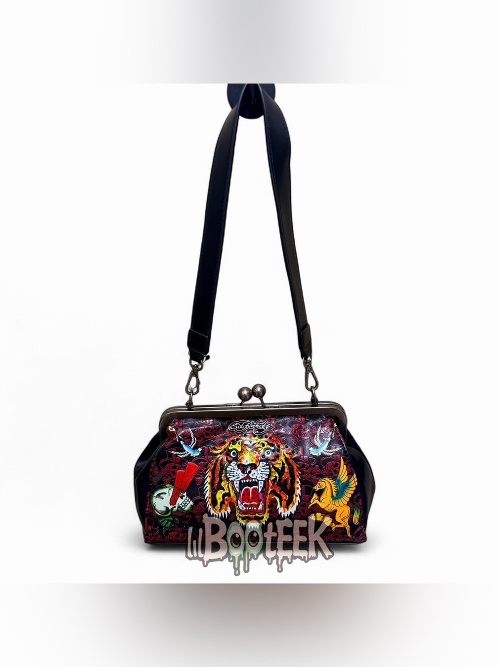 Ed Hardy Red Black Tiger Logo Kiss Lock Shoulder Bag w Rhonestone Detail NEW Y2K